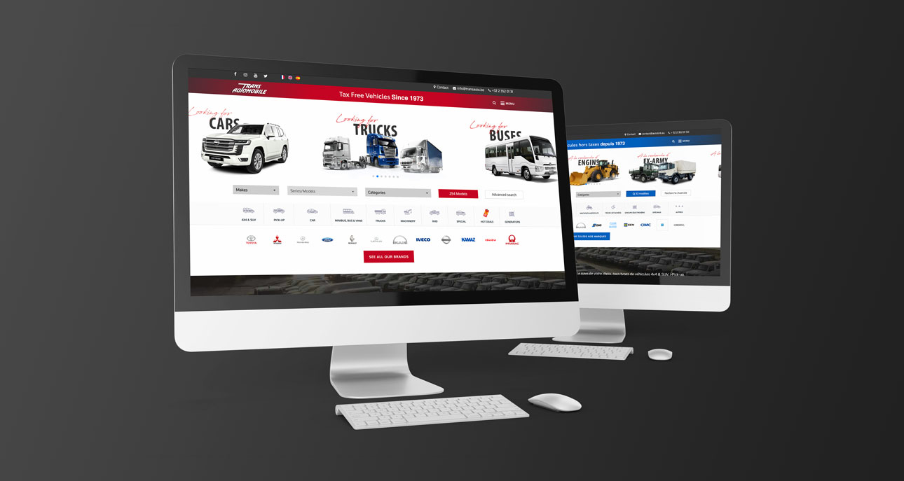 Sites Transautomobile et Autolink affichés sur deux écrans : annonces de véhicules, recherche par marque et catégorie